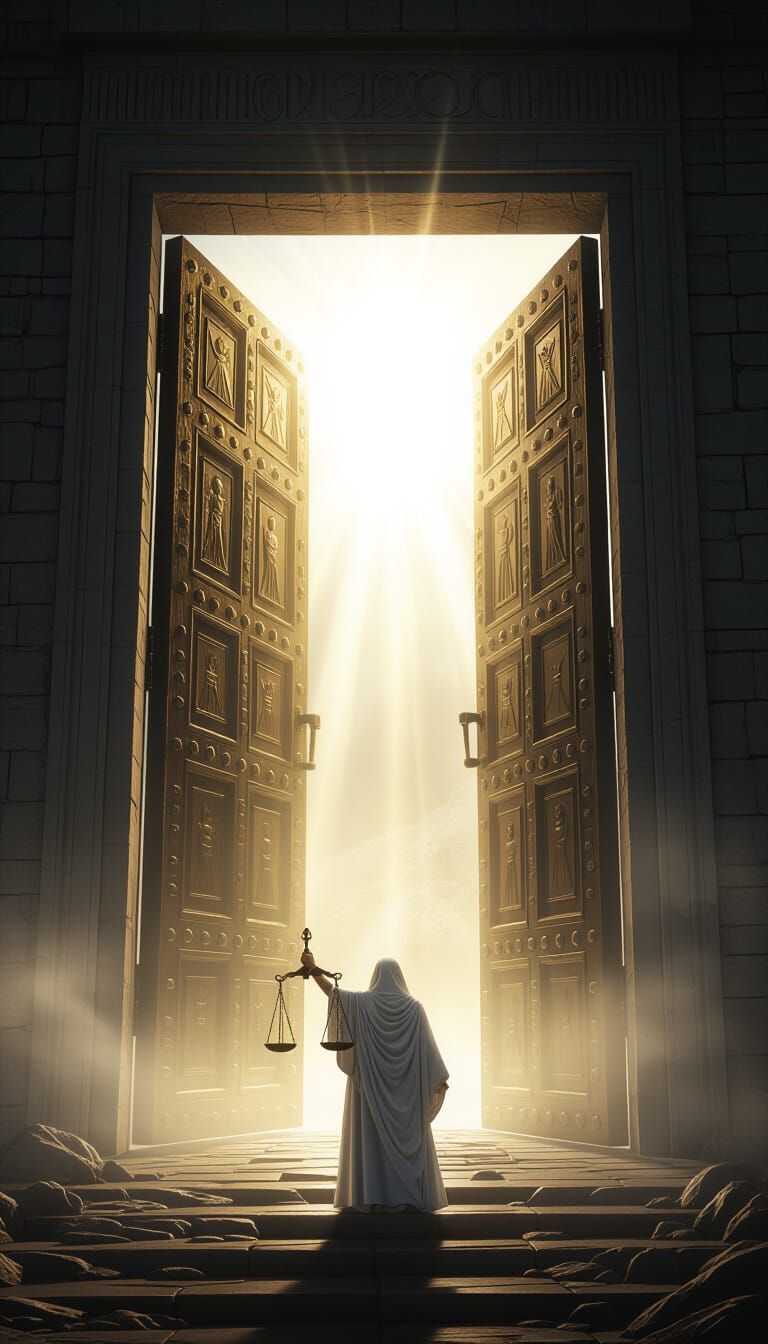 Radiant Figure at Ancient Door: Final Judgment