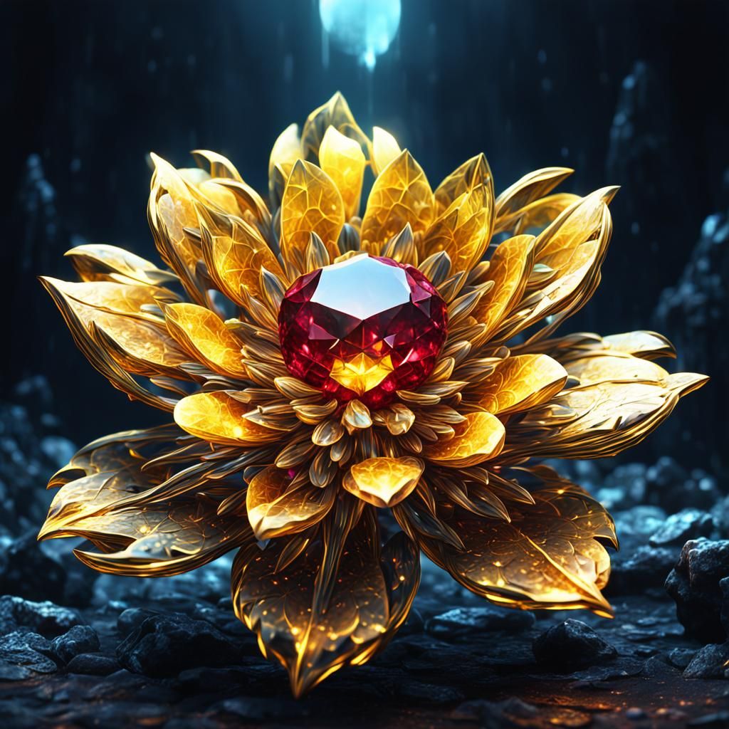 Ruby-Yellow Crystal Flower in Digital Matte Painting