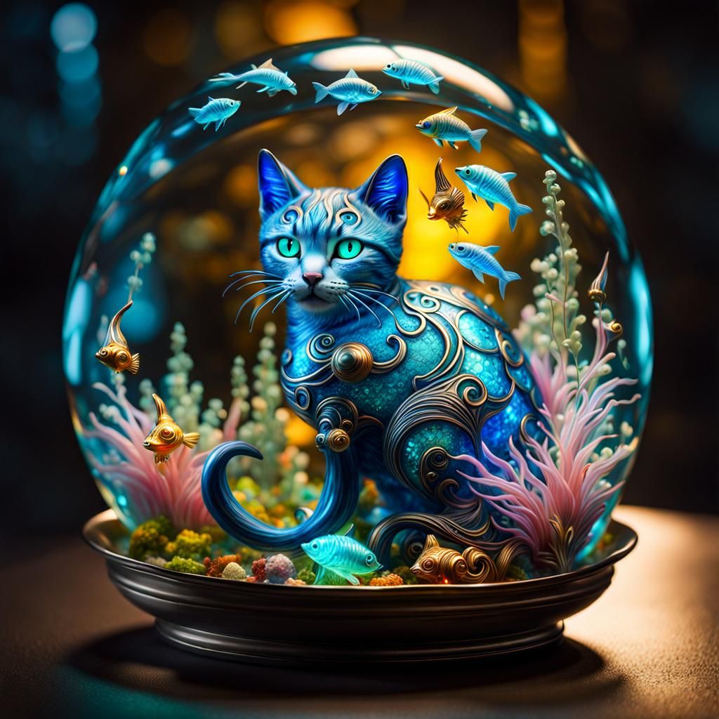 Bioluminescent Glass Cat Catches Fish, Astral Illustration