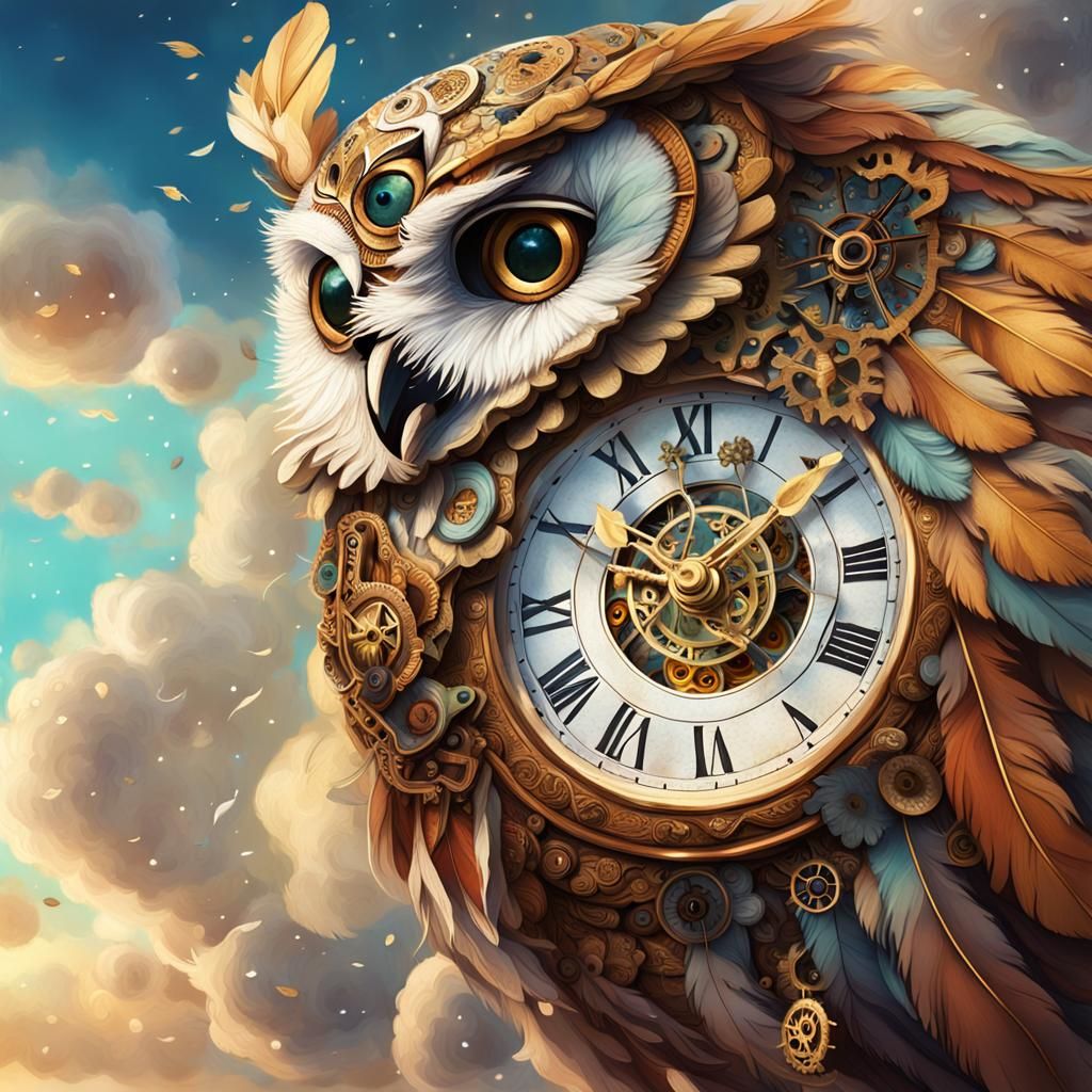 Clockwork Owl Soaring Through Cloudy Sky