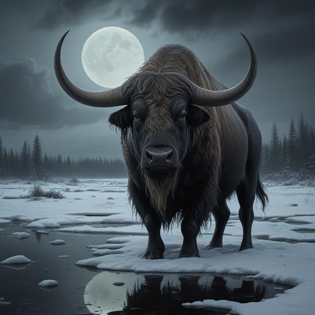 Ethereal Water Buffalo Emerges from Frozen Lake
