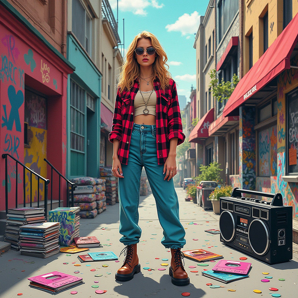 90s Pop Art Scene with Music and Urban Graffiti