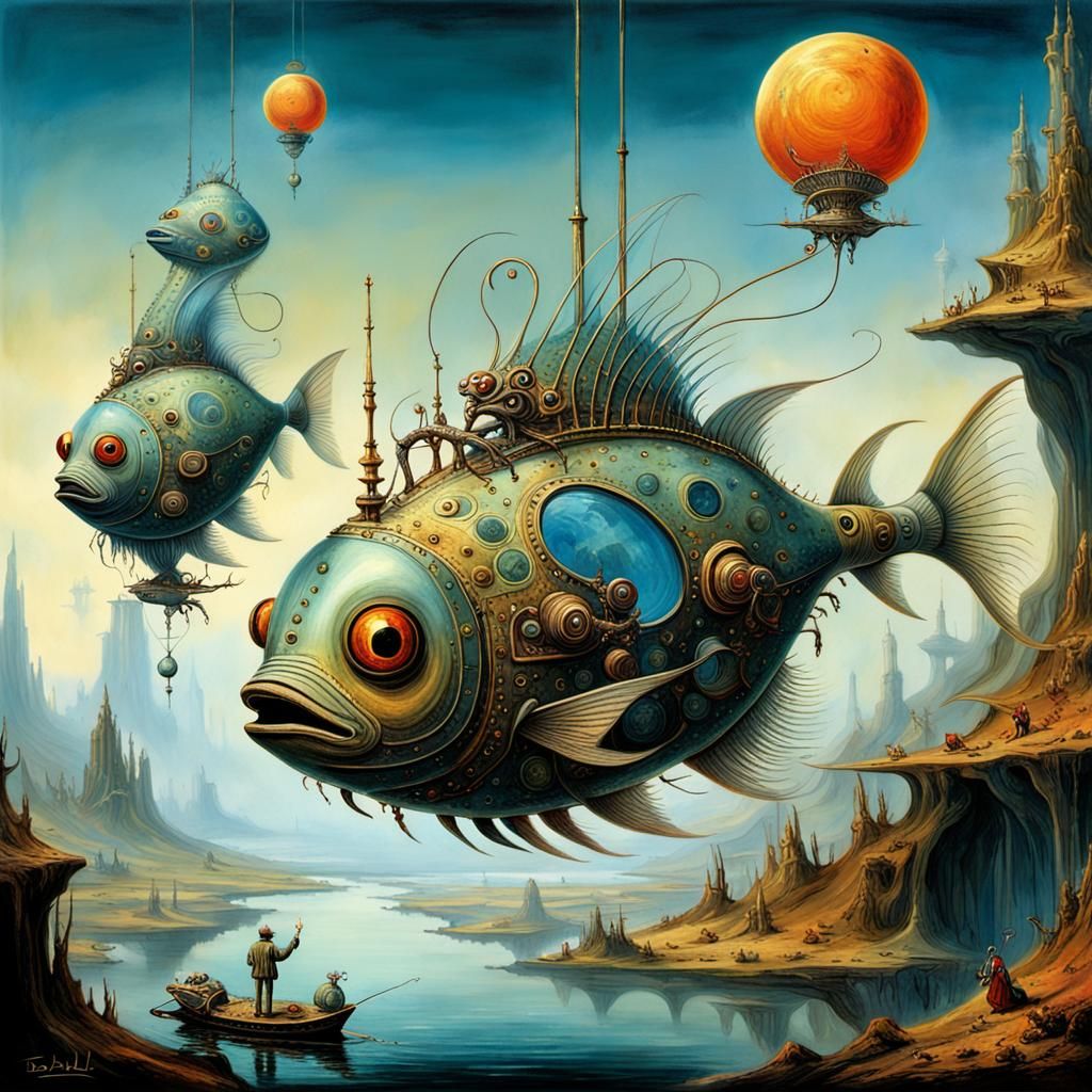 Surreal Steampunk Fishonaut on Alien Planet