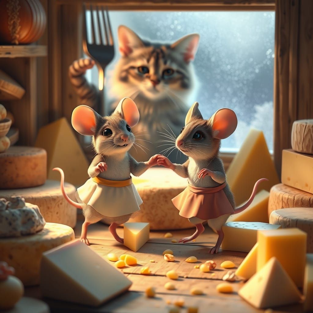 Mice Dance Among Whimsical Cheeses in 3D Anime Art