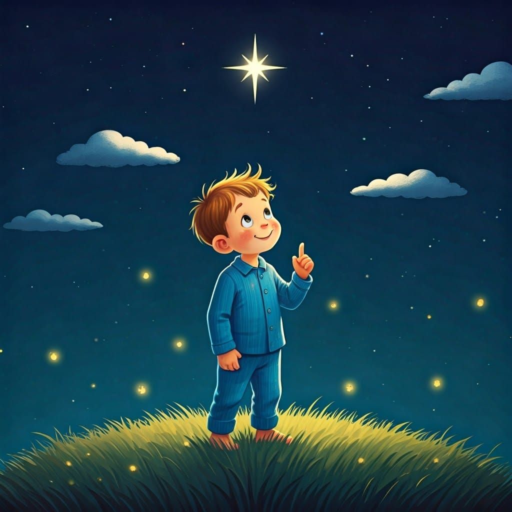 Boy Makes Wish Under Starry Night Sky in Classic Children's ...