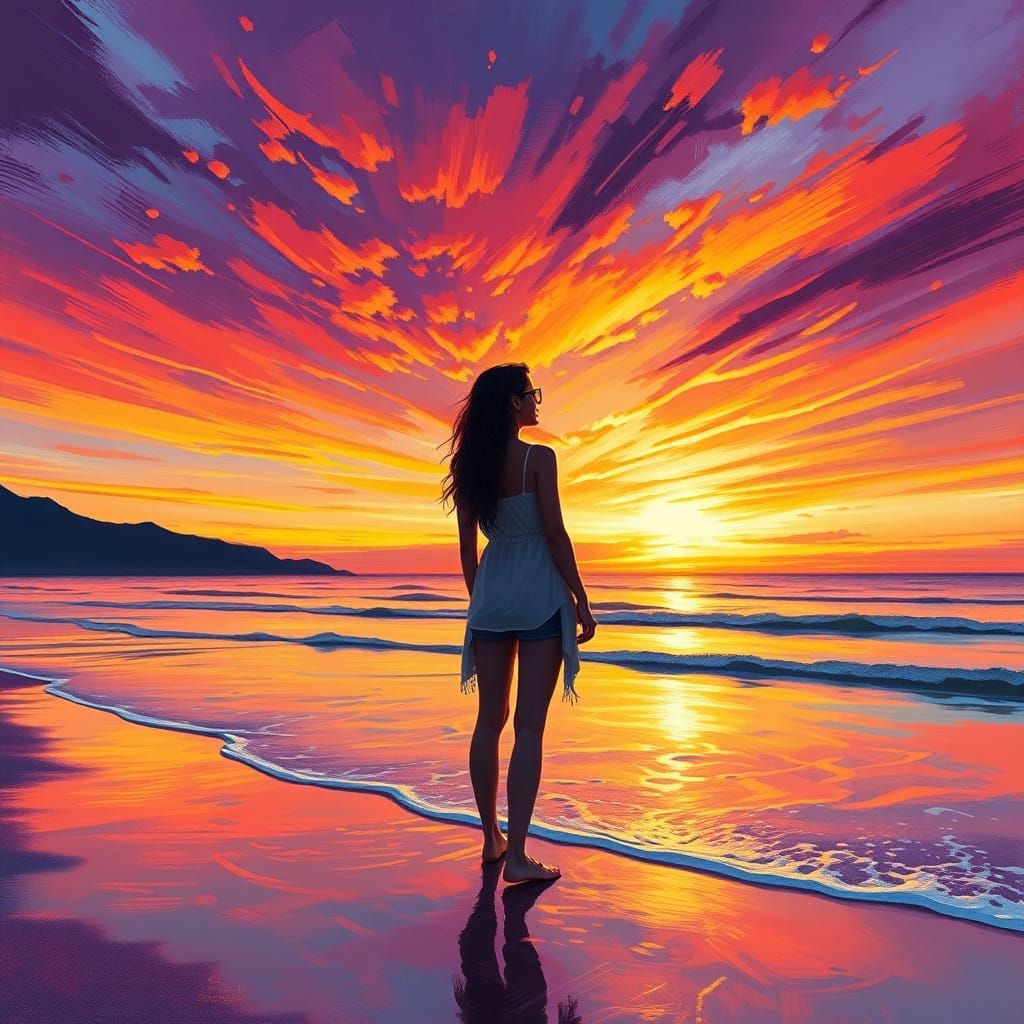 Woman Gazing at Sunset Beach with Vibrant Colors