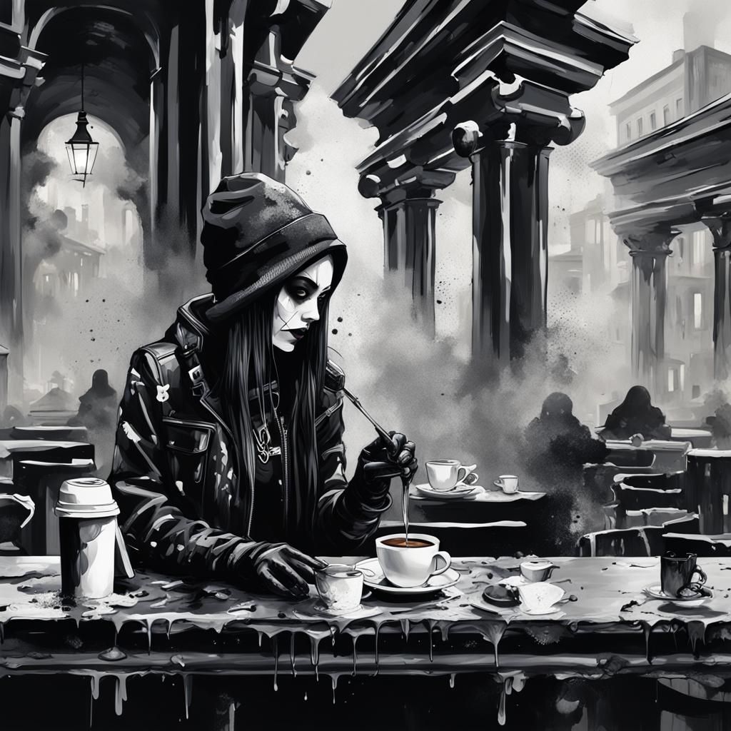 Goth Model in Coffee Shop: Black and White Photography