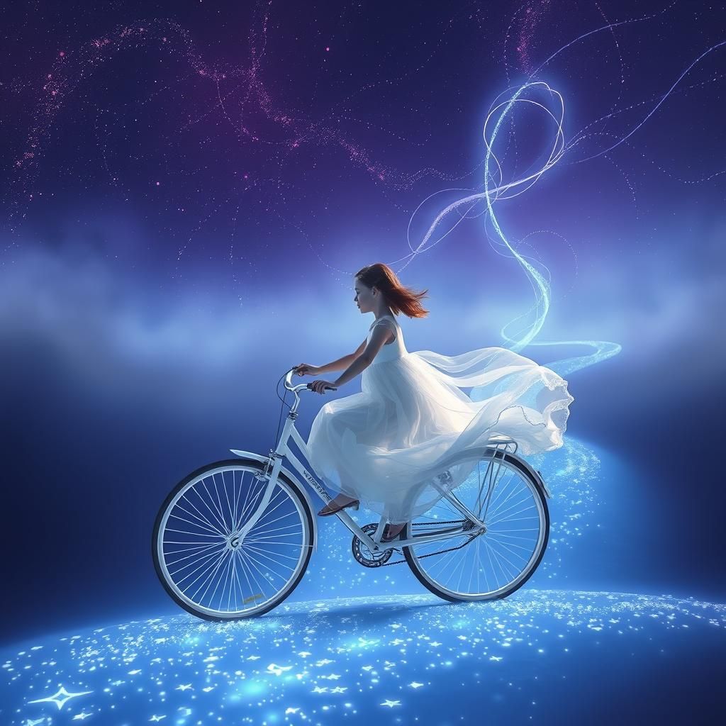 Girl Rides Bicycle on Starry Path, Matte Painting
