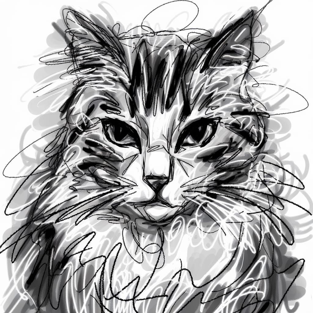 Manga Cat Charcoal Scribble Drawing