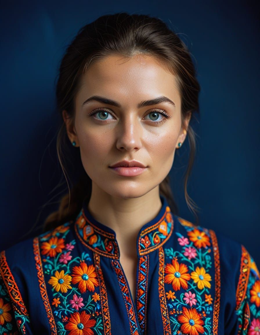 Vibrant Romanian Folk Art Portrait in Warm Colors