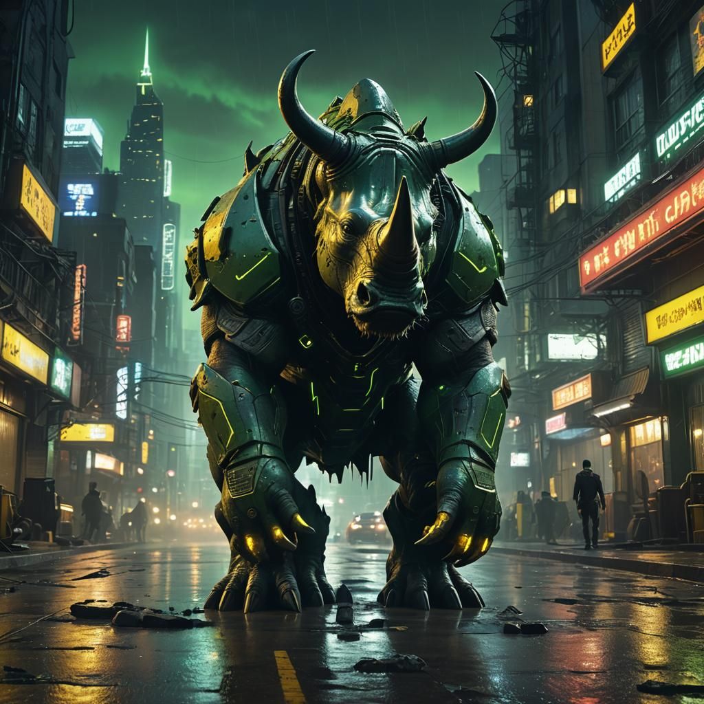 Demonic Rhino in Sci-Fi Cityscape: Cinematic Still