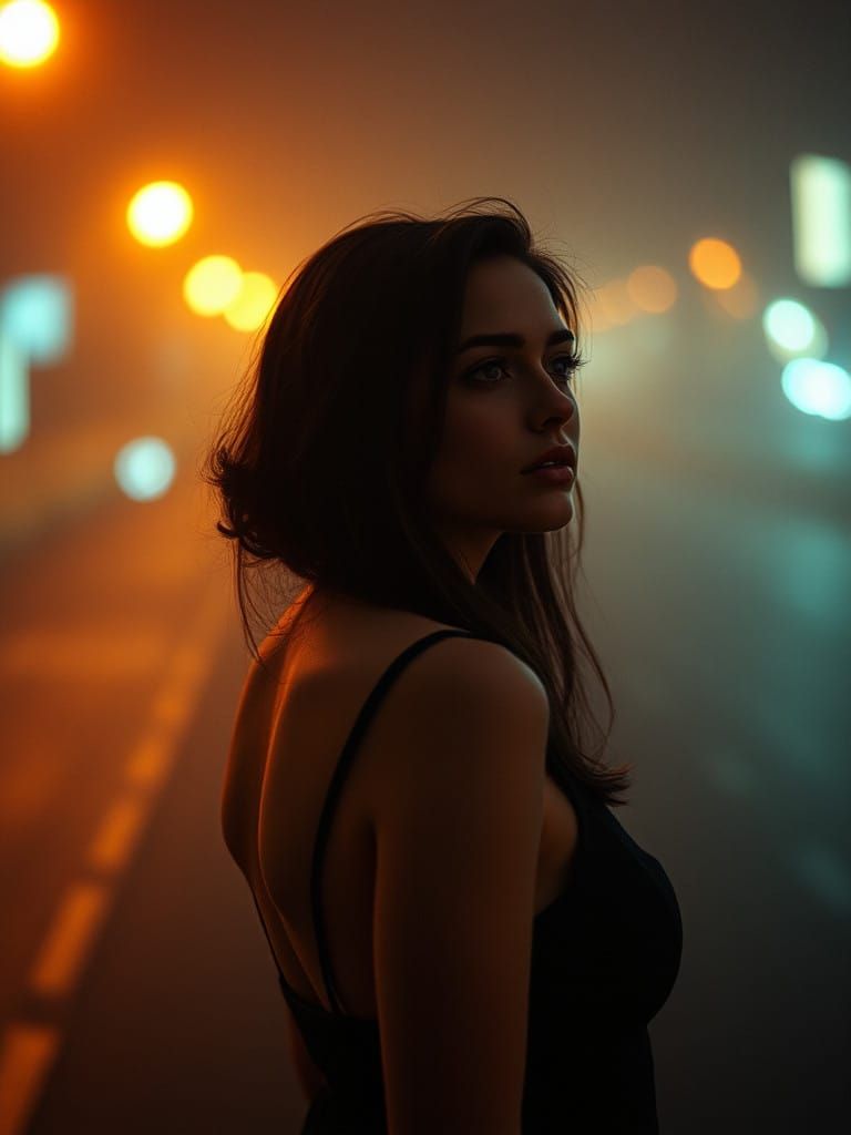 Woman Lost in Thought in a Nocturnal Cityscape