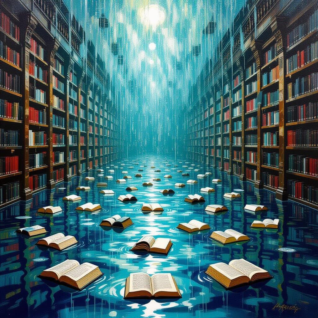 Flooded Library of Floating Books and Dripping Memories