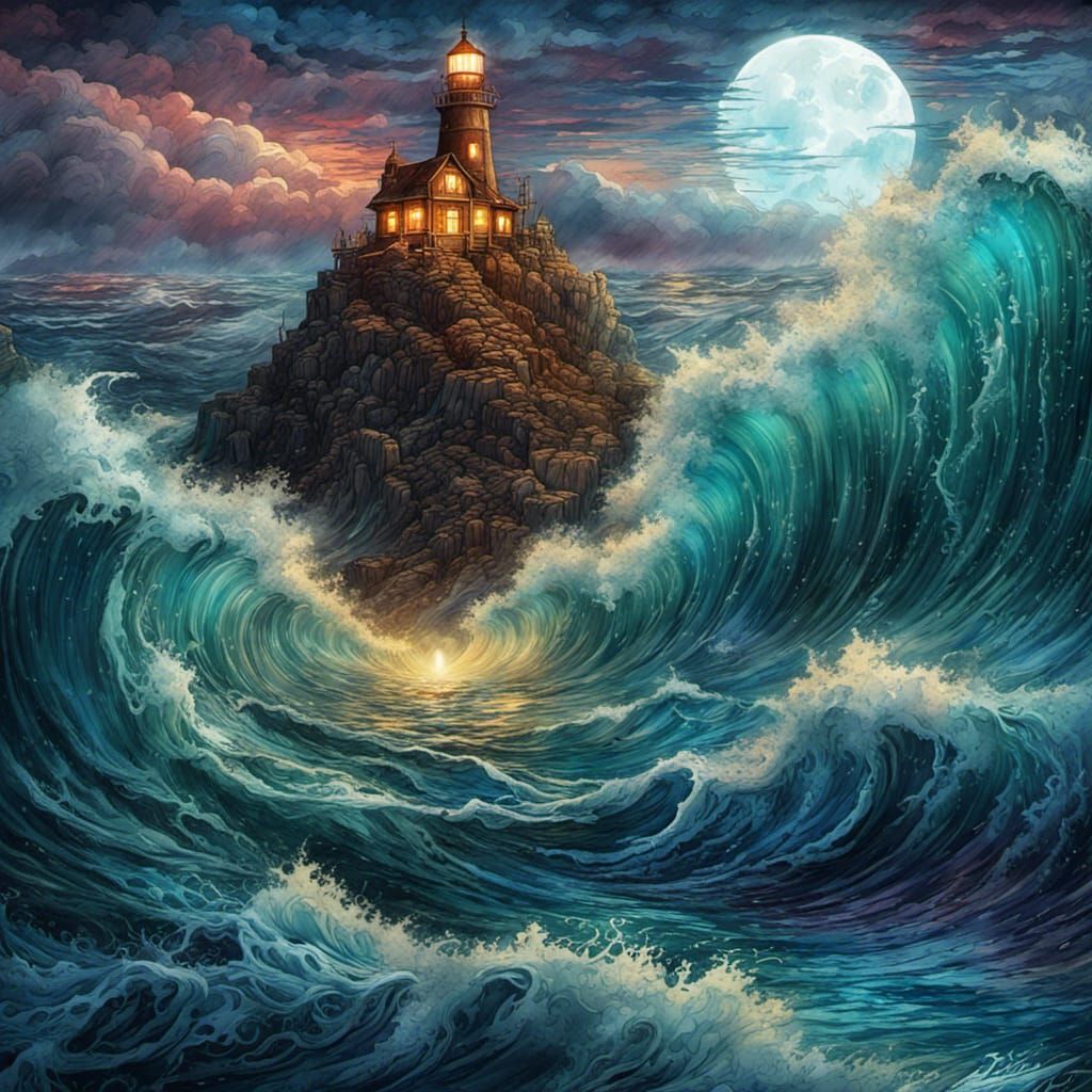 Chaotic Winter Seascape Lighthouse in Watercolor