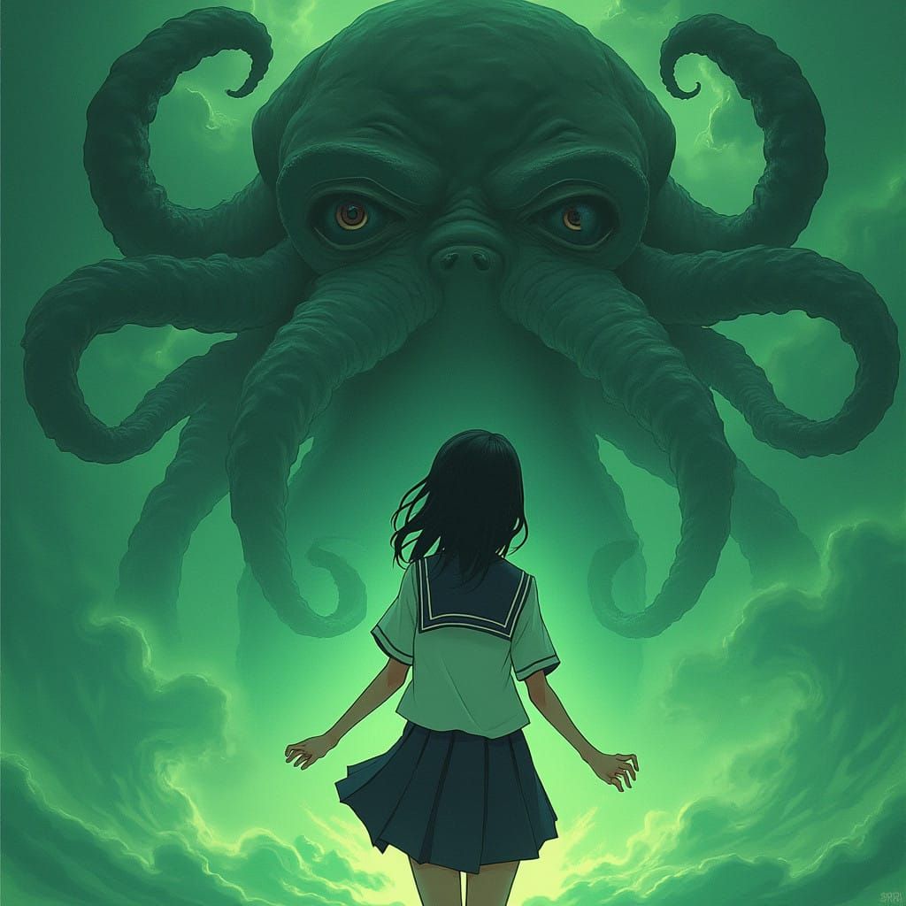 Sailor Girl Conjures Cthulhu in Swirling Green Haze
