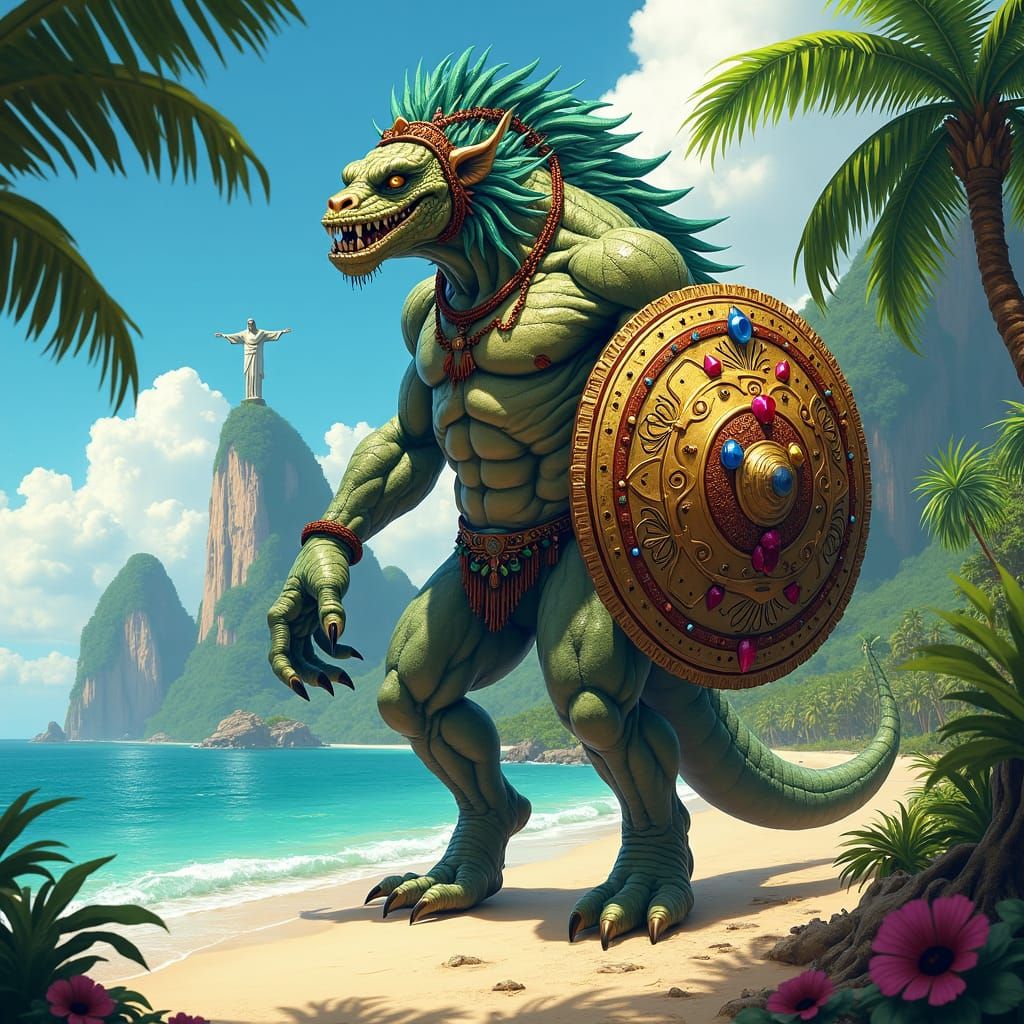 Monster Defender on Brazil Beach in Frazetta Style