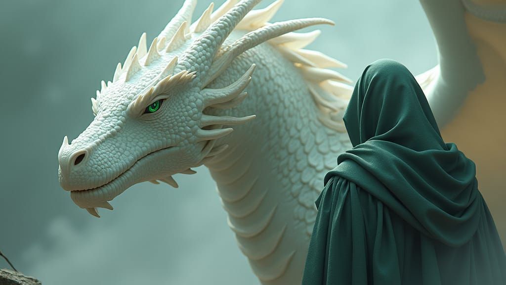 Majestic White Dragon and Mysterious Cloaked Figure