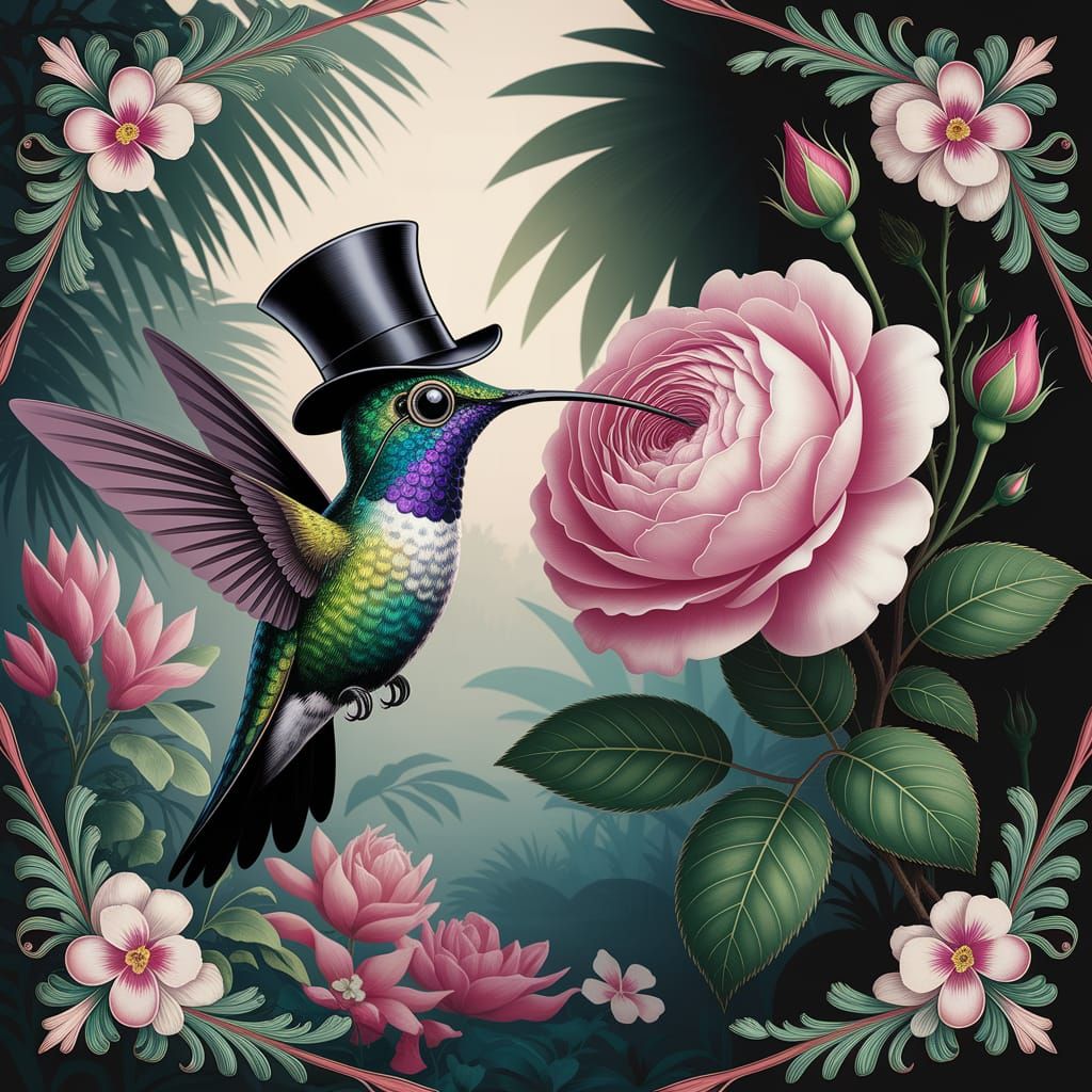 Vintage Botanical Whimsy: Hummingbird in Tropical Paradise