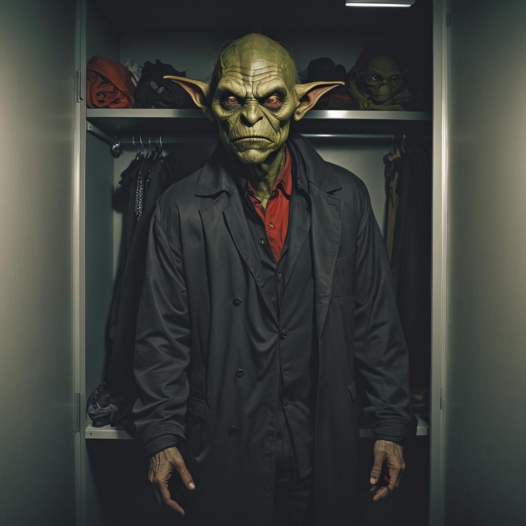 Handsome Goblin Hiding in Closet: Dark Fantasy Illustration