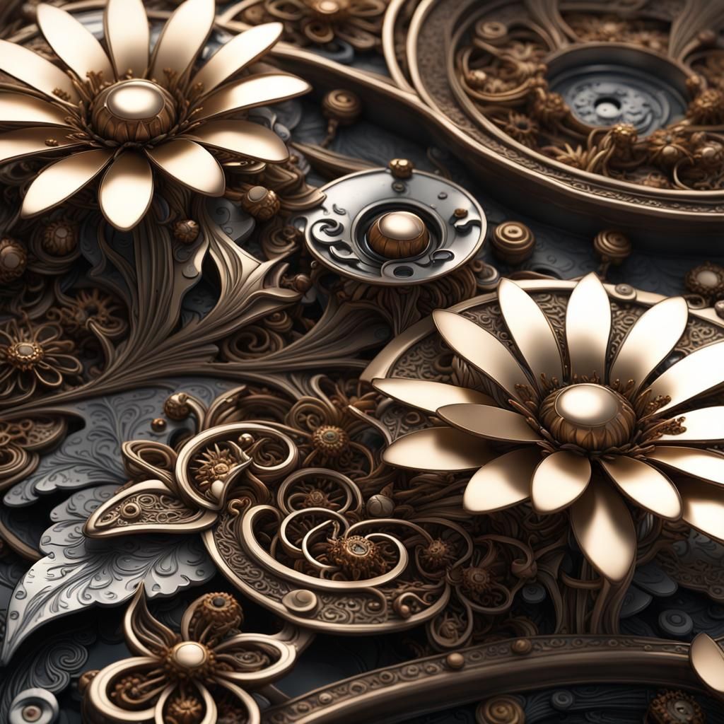 Mechanical Daisies: Intricate Metalwork in Dark Fantasy Styl...