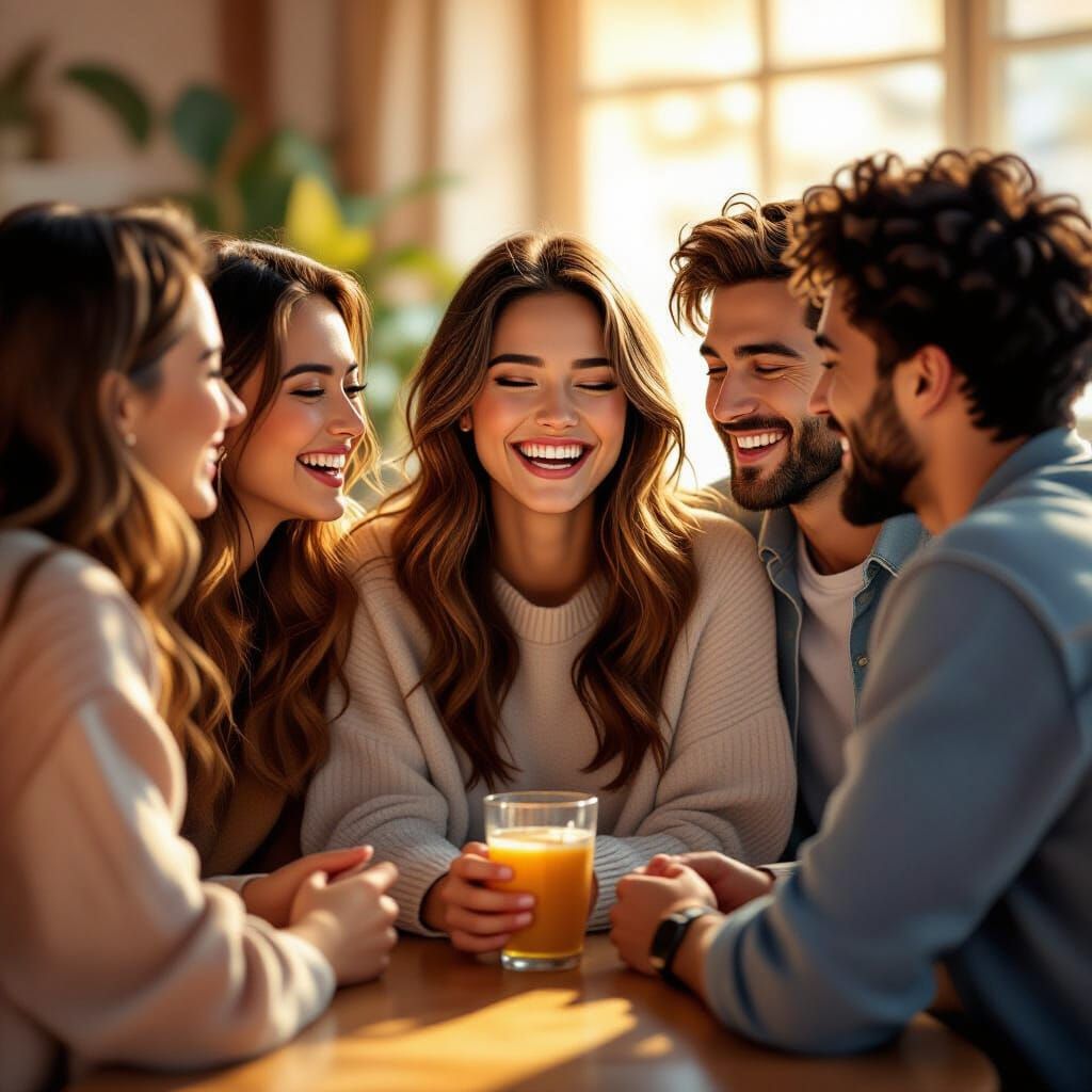 Joyful Friends Gather Around Boyfriend In Warm Afternoon Lig...