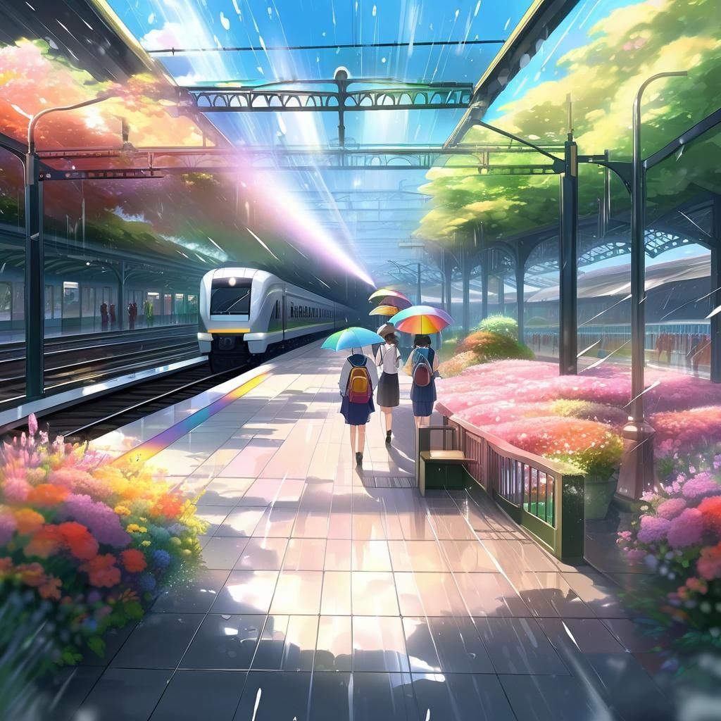 Anime Train Station with Rainy Reflections and Flora