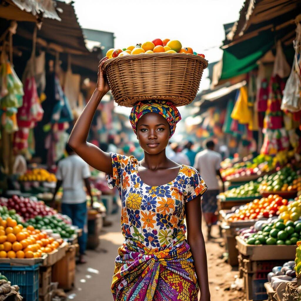 Nigerian Woman Carries Baskets in Bustling Market