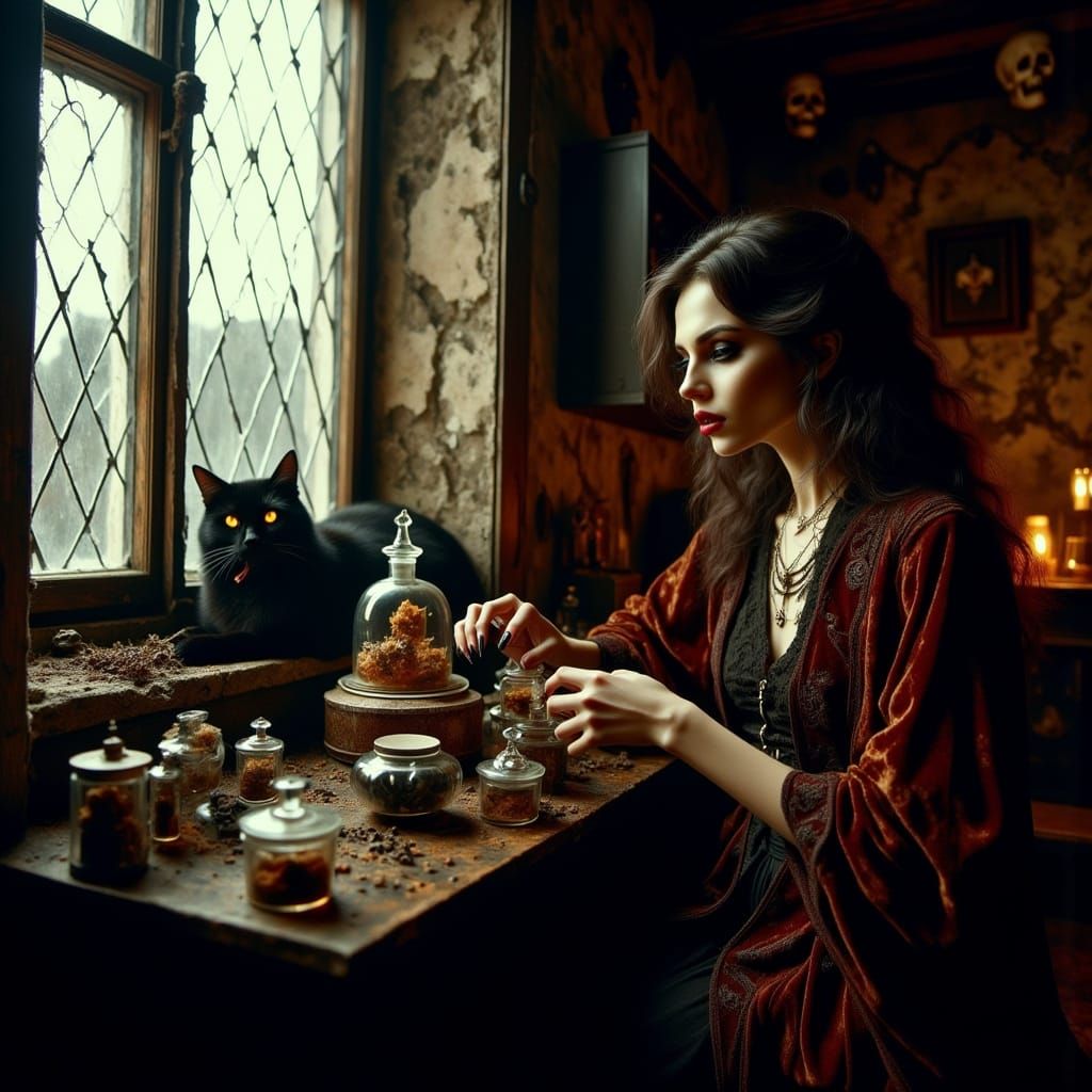 Mystical Witch-Apothecary in a Dimly Lit Home