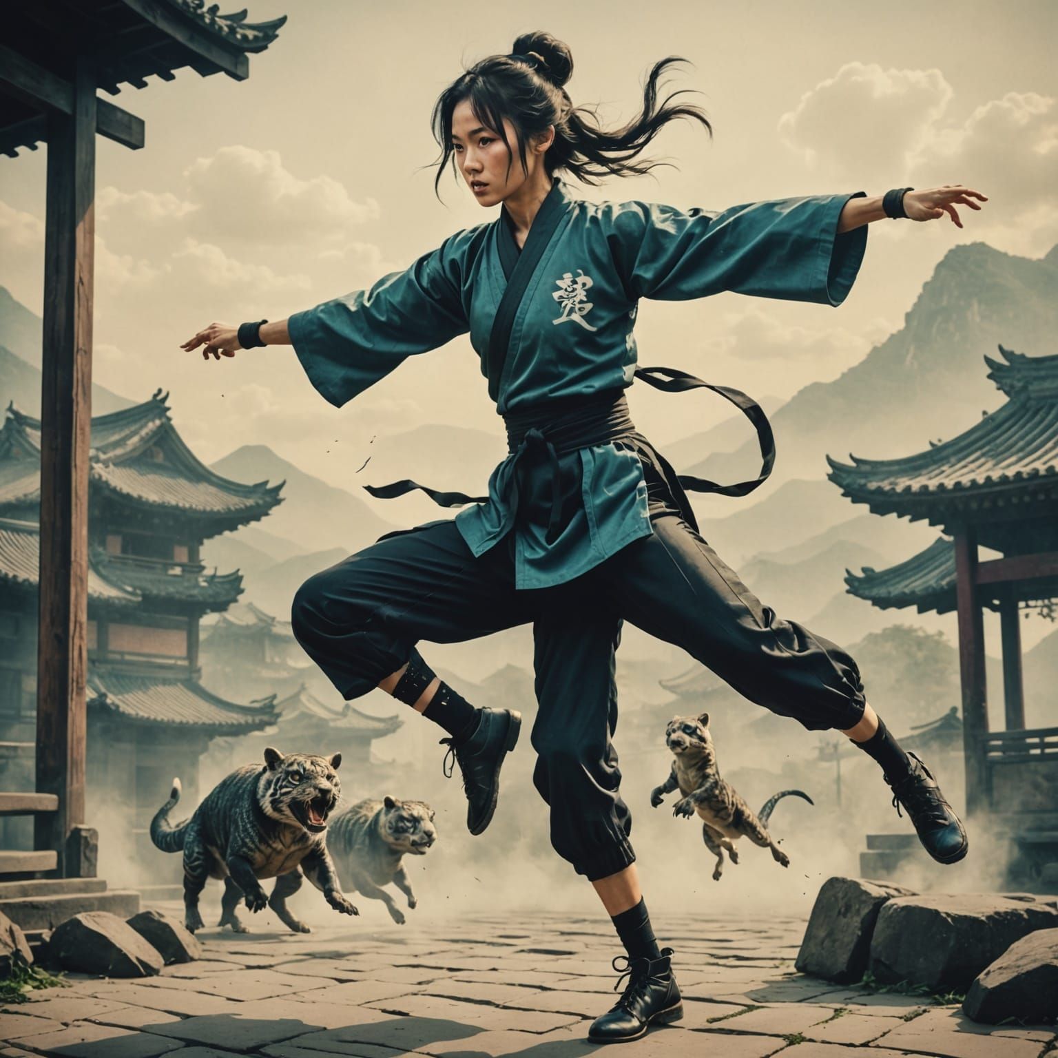 Jumping Kung Fu Dancer with Animal in Vintage Anime Ink Styl...