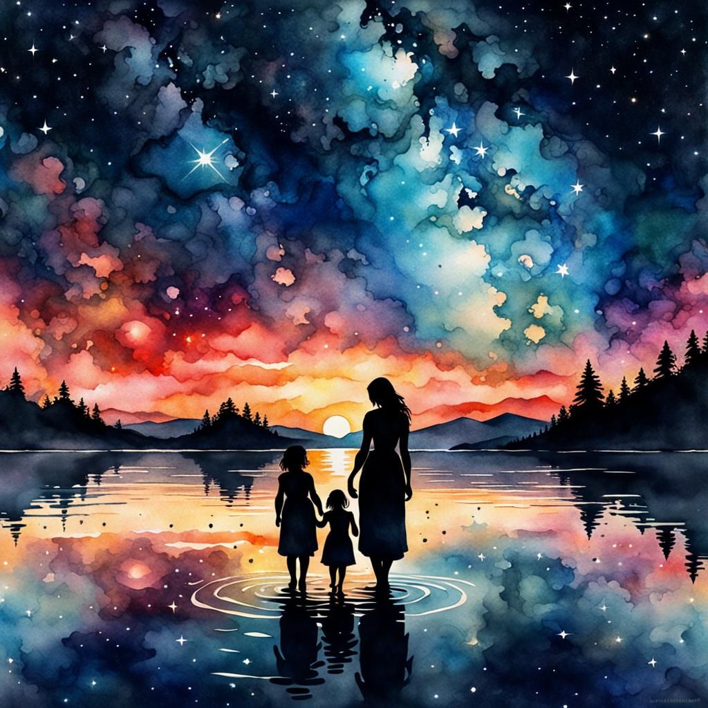 Watercolor Silhouette: Mother and Daughters on Starry Lake