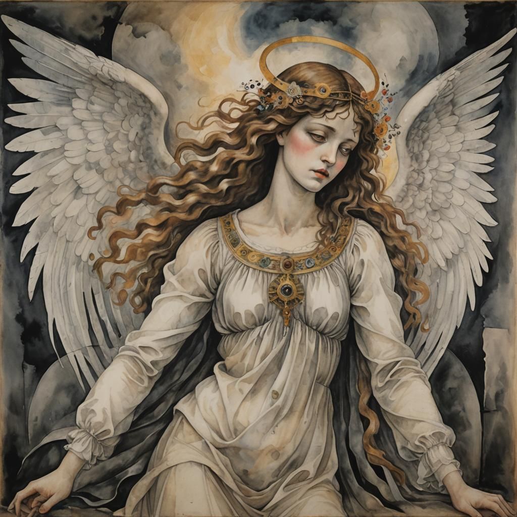 Melancholy Angel of AI: Watercolor Art