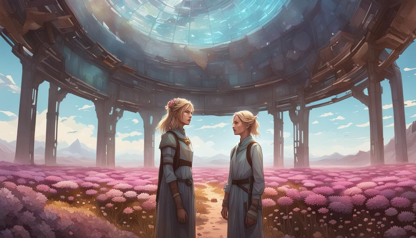 Mother and Daughter in Aster Field: Hyperdetailed Portrait