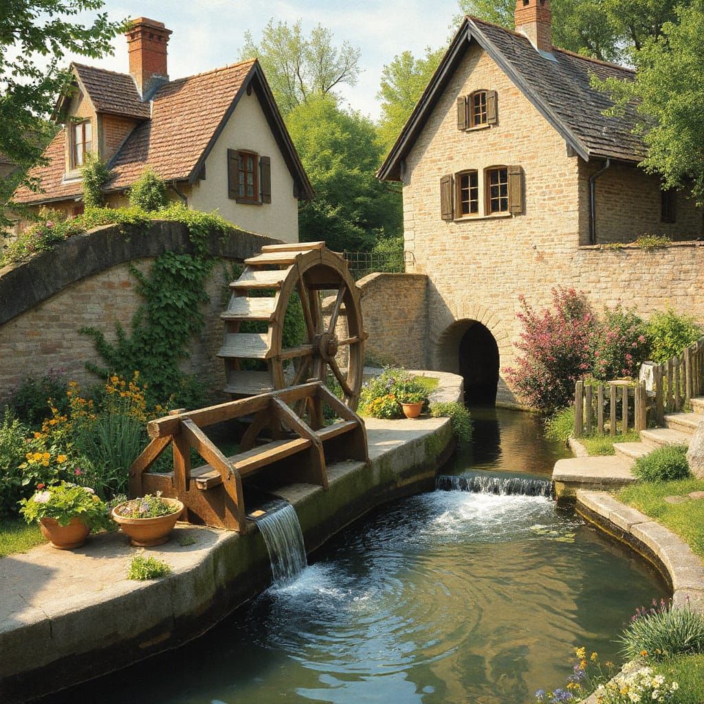 Rustic Village Watermill with Fieldstone Bridge and Lush Gre...