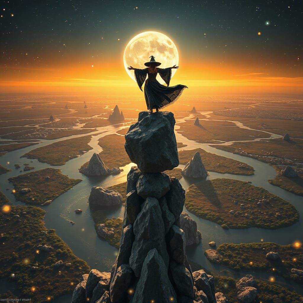 Witch on Boulder Stack at Golden Hour