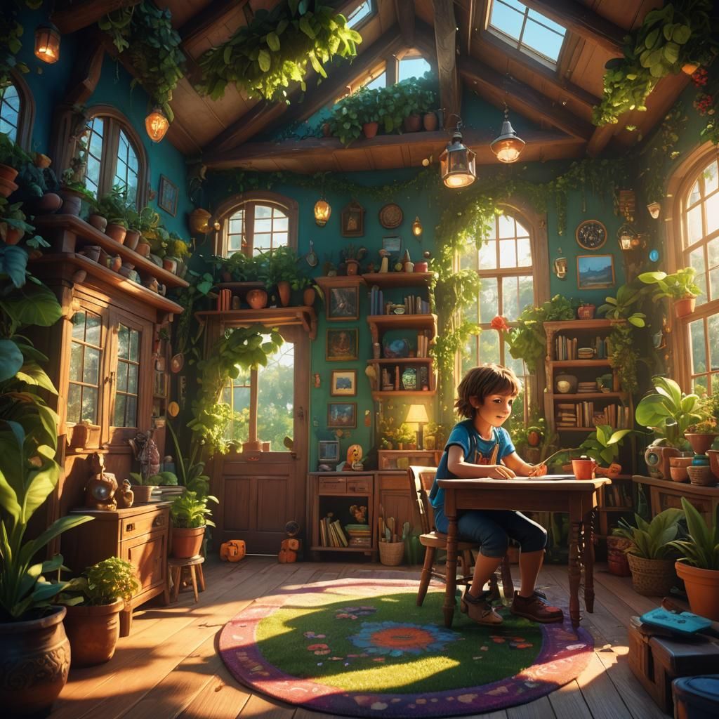 Magical Cozy Home with Child, Fantasy Concept Art