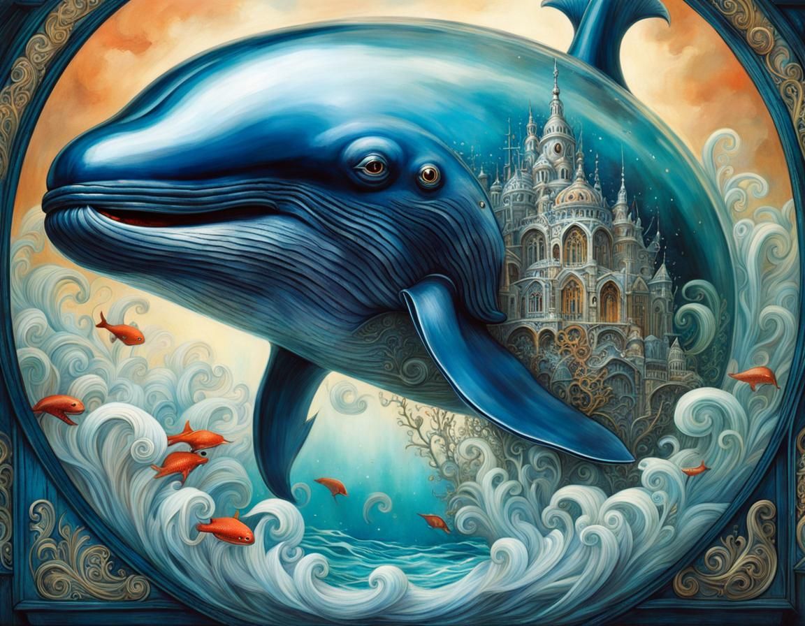 Crystal Whale with Wave, Detailed Filigree Art