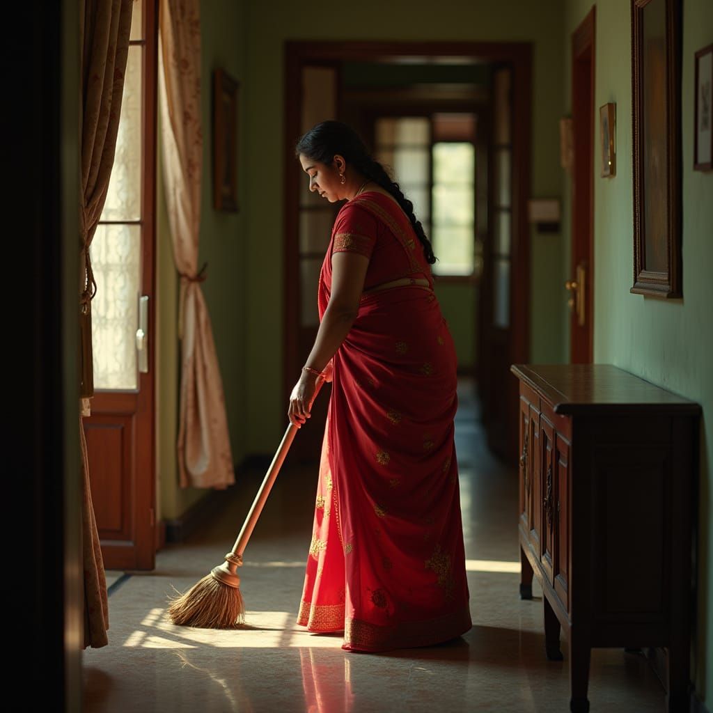 Indian House Maid in Elegant Red Dress with Dramatic Cinemat...