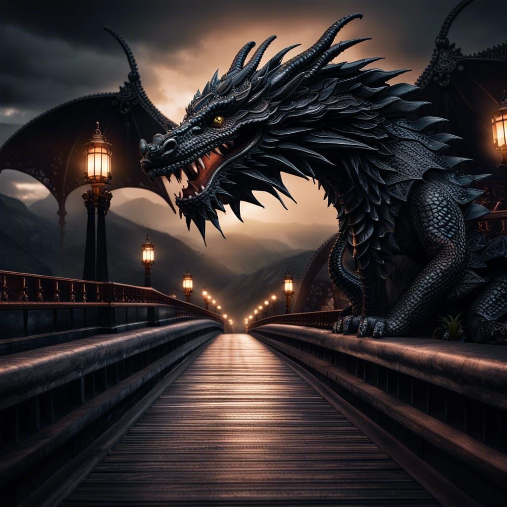 Black Dragon on Magical Shining Bridge in HDR