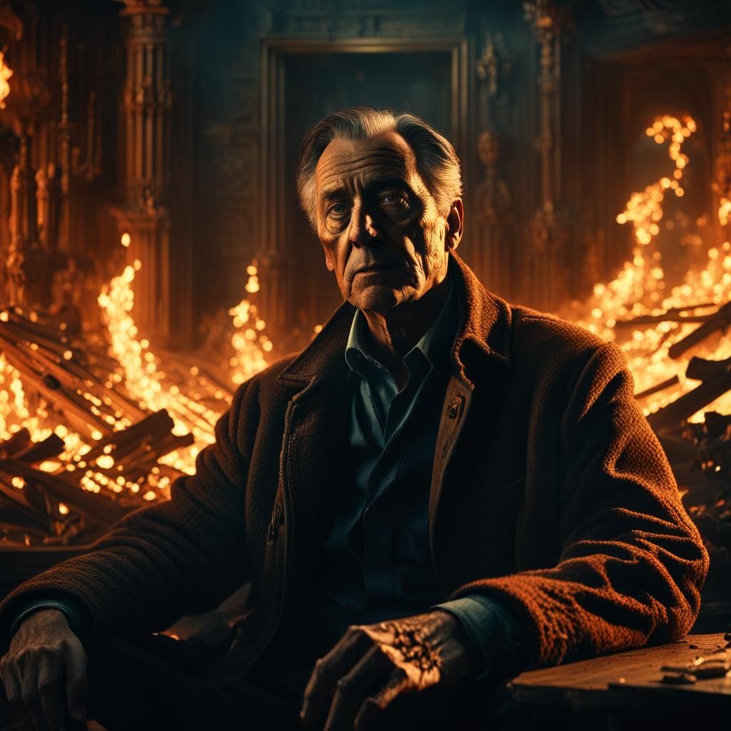 Man Contemplates Faces in Dying Fire