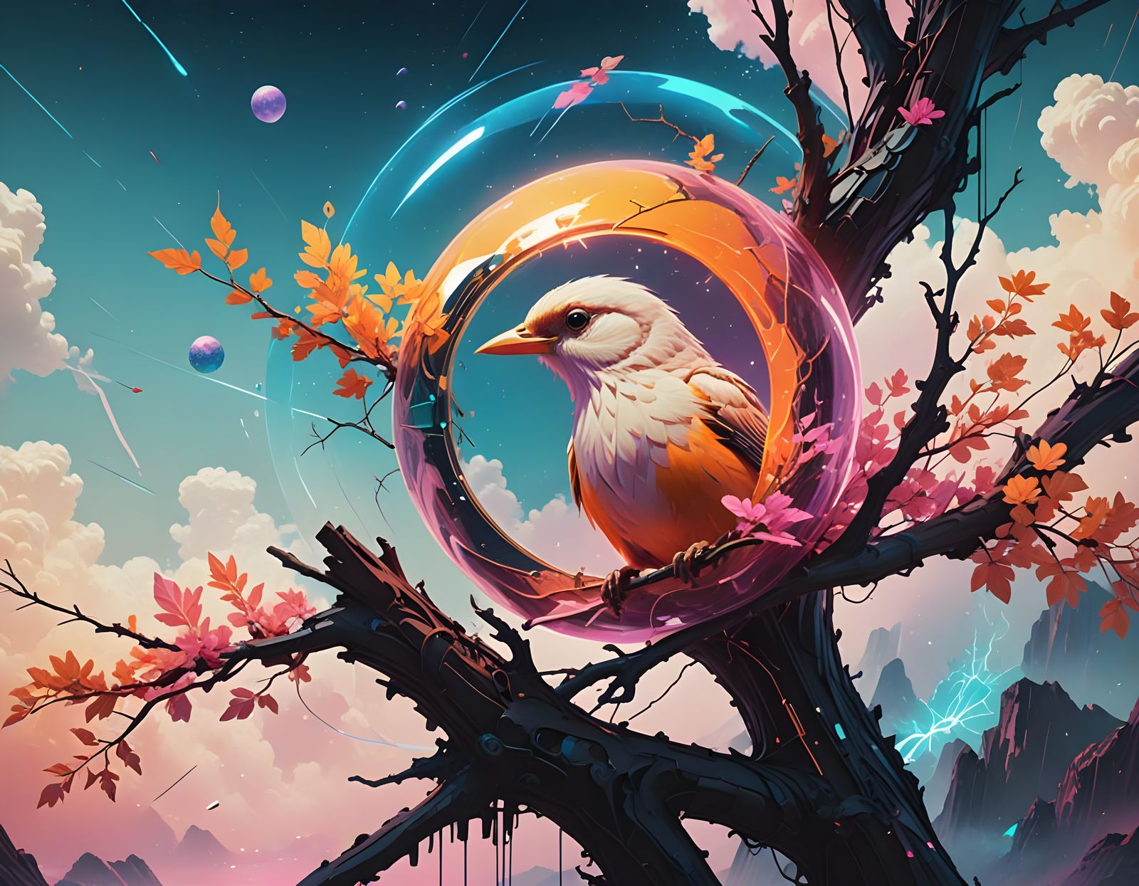 Futuristic Baby Bird on Branch in Synthwave Style