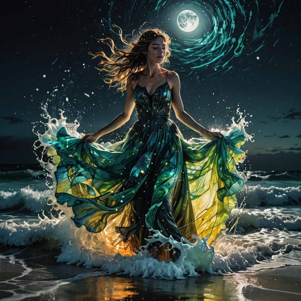 Neon Woman in Ocean Moonlight, Dreamy Art