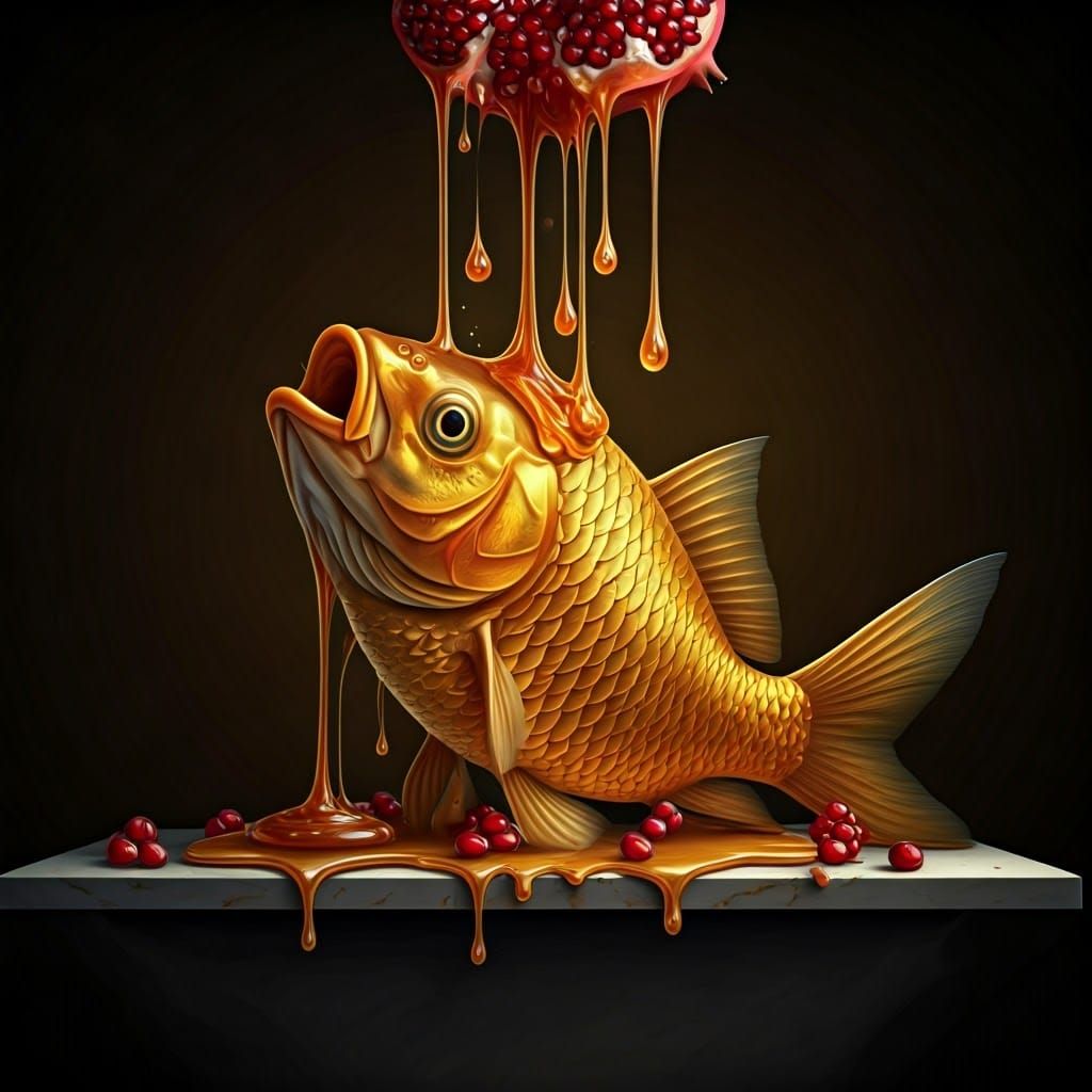 Golden Fish Mouth Dripping Honey and Pomegranate Seeds