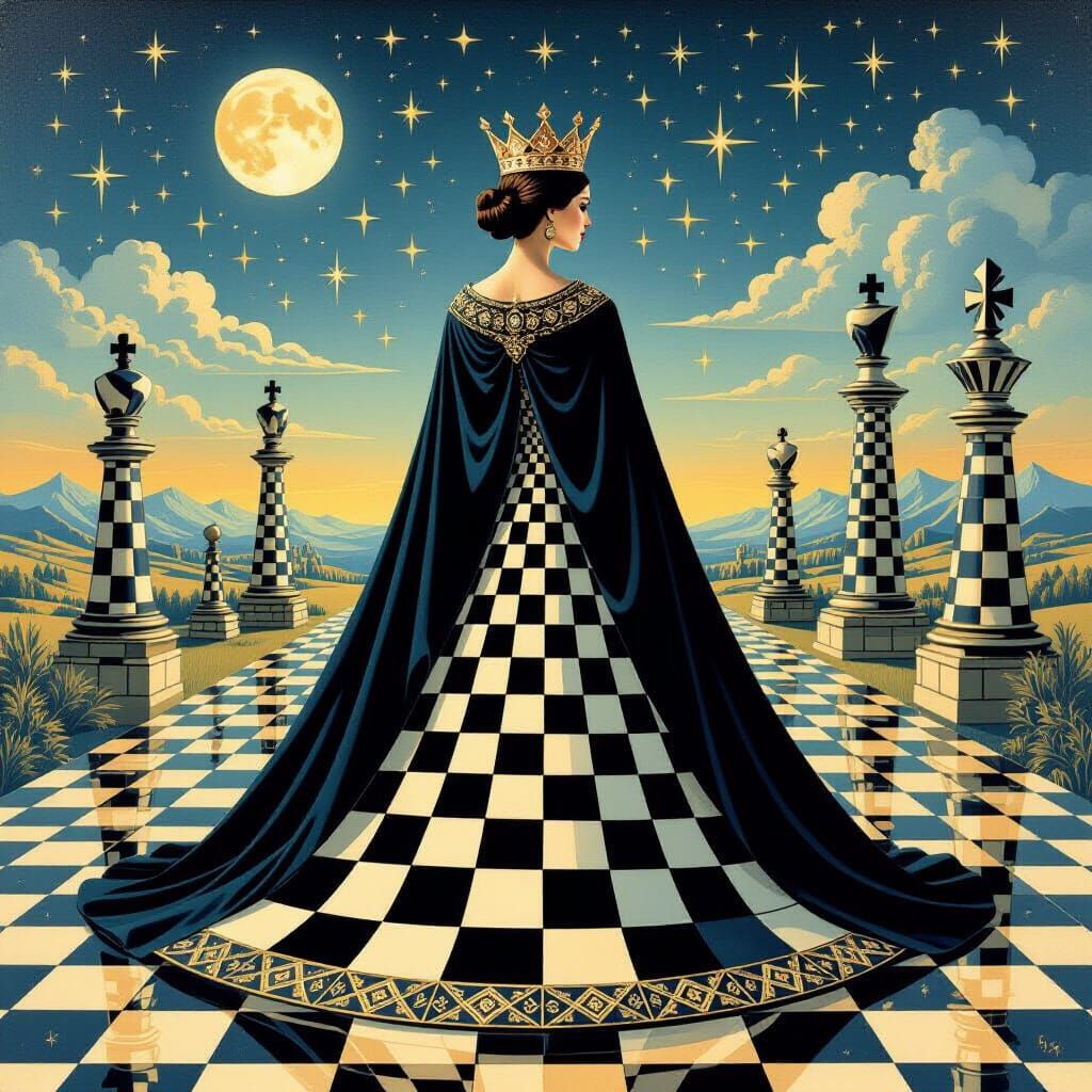 Chess Myth Watercolor: Queen Unveiling Chessboard World