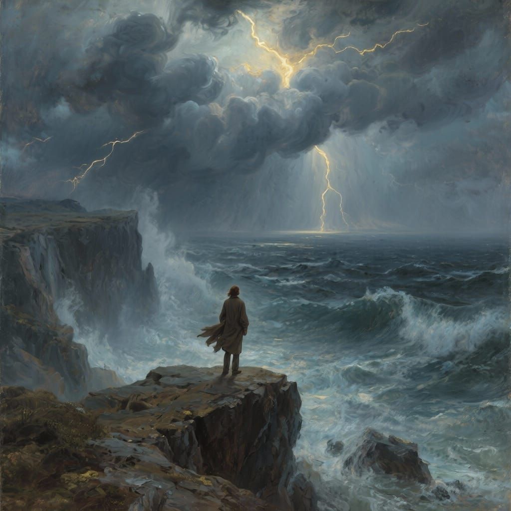 Solitary Figure Gazes into Stormy Ocean, Romantic Painting