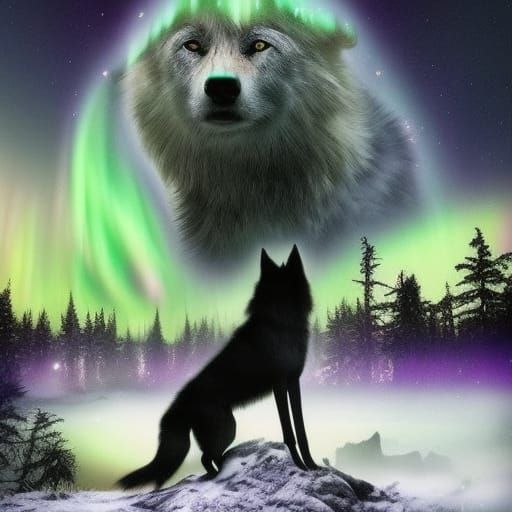 Beautiful black wolf with purple eyes& ethereal vibes& magical vibes& Aurora borealis in the background