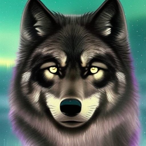Beautiful black wolf with purple eyes& ethereal vibes& magical vibes& Aurora borealis in the background