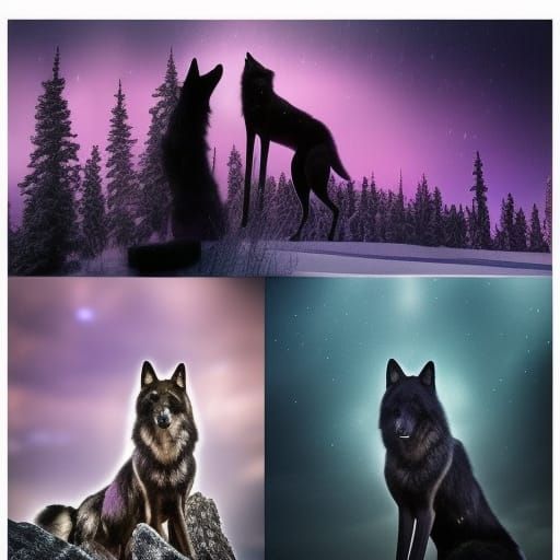 Beautiful black wolf with purple eyes& ethereal vibes& magical vibes& Aurora borealis in the background