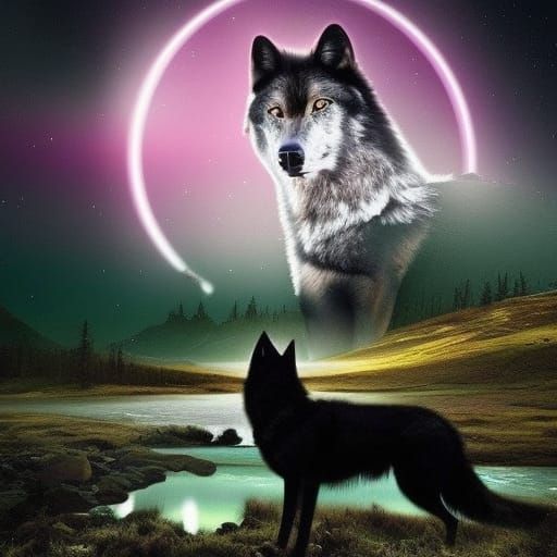 Beautiful black wolf with purple eyes& ethereal vibes& magical vibes& Aurora borealis in the background