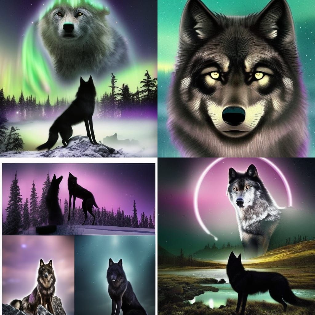 Beautiful black wolf with purple eyes& ethereal vibes& magical vibes& Aurora borealis in the background