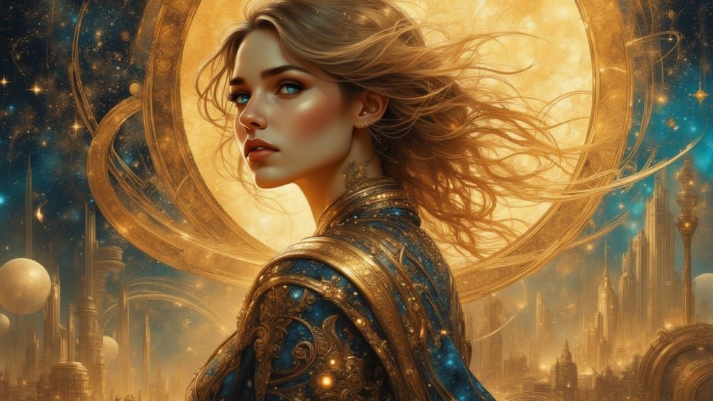 Ethereal Woman Before Celestial Cityscape in Hyperrealistic ...